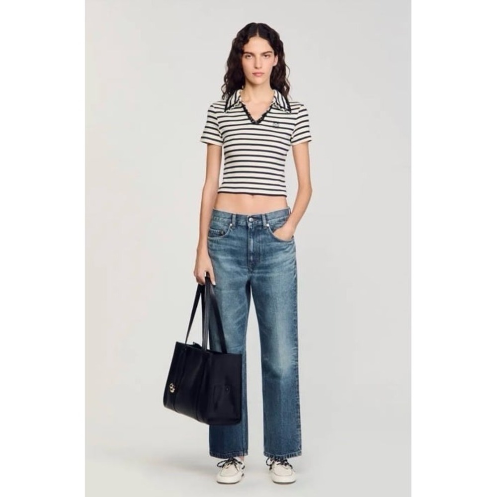 Sandro Paris Women's Striped Polo Shirt Beaded Collar‎ Short Sleeve Sz S NWT